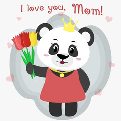 Sweet panda holds three tulips. Congratulations on your mother's day, in the style of cartoons.