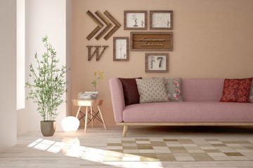 Idea of pink minimalist room with sofa. Scandinavian interior design. 3D illustration