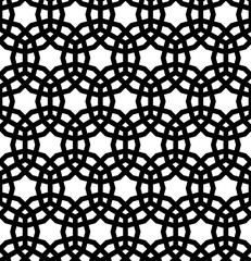 Seamless pattern on the basis of Islam patterns in black and white in large thickness lines.