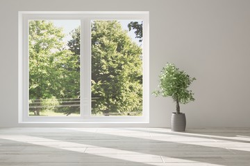 White empty room with summer landscape in window. Scandinavian interior design. 3D illustration