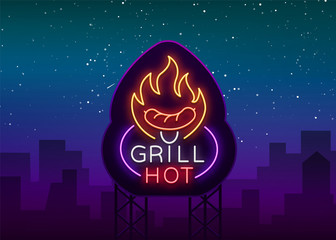 Grill logo in a neon style. Vector illustration on the theme of food, meat of the same. Neon sign, bright symbol, Grill bar, restaurant, snack bar, dining room. BBQ party. Bright night advertisement