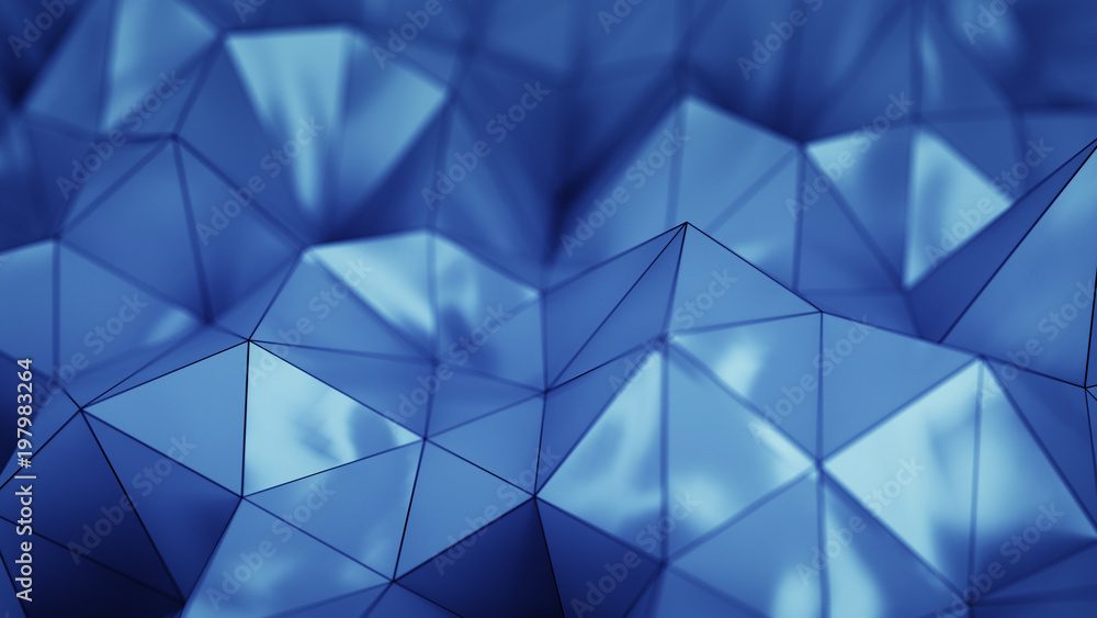 Poster polygonal blue plastic shape 3d rendering with dof