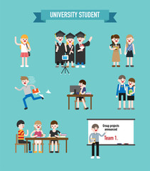 Campus life of college students. vector flat design illustration set 