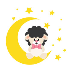 cartoon cute sheep black with tie sitting on the moon