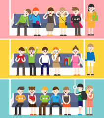 People on the subway. vector flat design illustration set 