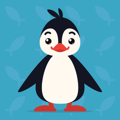Cute penguin standing and smiling. Vector illustration of arctic bird shows happy emotion. Smile emoji. Smiley icon. Print, chat, communication. Penguin in flat cartoon style on blue background.