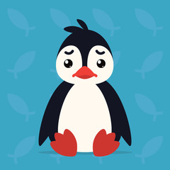 Cute penguin sitting sad. Vector illustration of arctic bird shows unhappy emotion. Sadness emoji. Smiley icon. Print, chat, communication. Penguin in flat cartoon style on blue background.