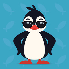 Cute penguin standing in cool pose. Vector illustration of arctic bird in sunglasses shows awesome emotion. Emoji. Smiley icon. Penguin in flat cartoon style on blue background.
