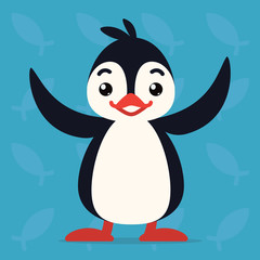 Cute penguin standing with raised wings. Vector illustration of arctic bird shows happy emotion. Smile emoji. Smiley icon. Print, chat, communication. Penguin in flat cartoon style on blue background.