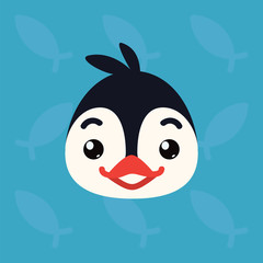 Penguin emotional head. Vector illustration of cute arctic bird shows positive emotion. Happy emoji. Smiley icon. Print, chat, communication. Penguin in flat cartoon style on blue background.
