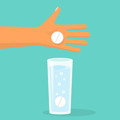 Taking pills. Man holds in hands the pills and a glass of water. Vector illustration flat design. Take painkillers pills. Medical treatment concept. Healthcare. Taking medical drugs.