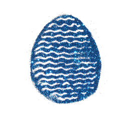 Easter egg of blue glitter on white background, holiday decoration