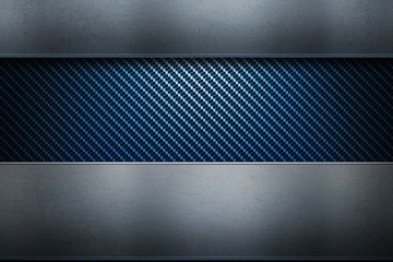 Abstract modern blue carbon fiber with polished metal plates. Textured banner, material design for background, wallpaper, graphic design