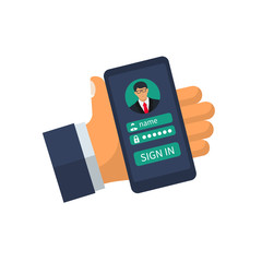 Hand hold smartphone, sign in page personal account mobile phone. Concept security personal data. Vector illustration flat design. Enter password. Identification person.