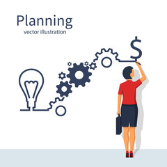 Businesswoman draws business strategy. Planning development of ideas. Process in form of infographics on steps. Vector illustration flat design. Isolated on white background. Successful people.