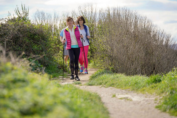 Senior people nordic walking by the atlantic coast