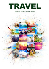 Background with many photos from vacation from different parts of the world with  effect of splashes on white background. Design, advertising, concept - obrazy, fototapety, plakaty