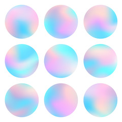 Holographic backgrounds. Holography textures set. Hologram circles. Smooth blur. Bubbles. Trendy wallpapers. Textures for web design, business printed products.