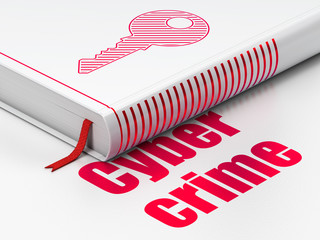 Safety concept: closed book with Red Key icon and text Cyber Crime on floor, white background, 3D rendering