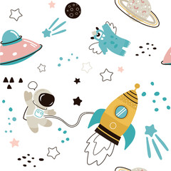 Modèle sans couture enfantin avec espace d& 39 éléments spatiaux dessinés à la main, fusée, étoile, planète, sonde spatiale. Fond de vecteur pour enfants à la mode.