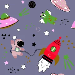 Papier Peint photo autocollant Cosmos Modèle sans couture enfantin avec espace d& 39 éléments spatiaux dessinés à la main, fusée, étoile, planète, sonde spatiale. Fond de vecteur pour enfants à la mode.