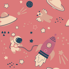 Modèle sans couture enfantin avec espace d& 39 éléments spatiaux dessinés à la main, fusée, étoile, planète, sonde spatiale. Fond de vecteur pour enfants à la mode.