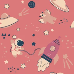 Photo sur Plexiglas Cosmos Modèle sans couture enfantin avec espace d& 39 éléments spatiaux dessinés à la main, fusée, étoile, planète, sonde spatiale. Fond de vecteur pour enfants à la mode.