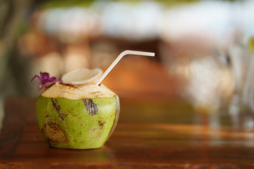 Coconut juice on the table.