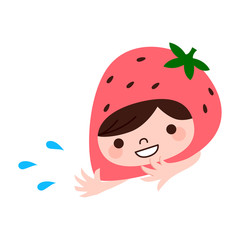雫を飛ばすイチゴの帽子をかぶった子のイラスト。