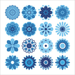 Abstract blue flowers, floral design elements. Set of 16 elements isolated on white background. Vector Icons