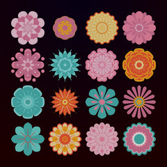 Abstract floral design elements. Vector flowers in pastel colors. Colored icons set of 16 elements on a black background. Illustration in the style of the 70's.
