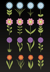 Floral set isolate on dark background. Flowers design, vector illustration in various colors.