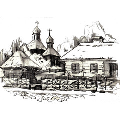 pensil drawing architecture village house wood church building  historic ansient nature europe landmark travel tourism