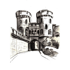 pensil drawing architecture castel building tower medieval historic famoust ansient nature europe france royal landmark travel tourism