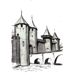 Obraz premium pensil drawing architecture castel building tower medieval historic famoust ansient nature europe france royal landmark travel tourism