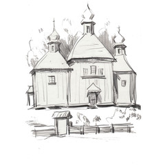 pensil drawing architecture wood church castel building  historic famoust ansient nature europe landmark travel tourism