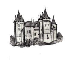 Obraz premium pensil drawing architecture castel building tower medieval historic famoust ansient nature europe france royal landmark travel tourism