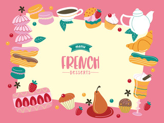 French cuisine, various traditional desserts. A great set of vector dishes.