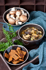Mushroom soup in the ceramic pot on the table