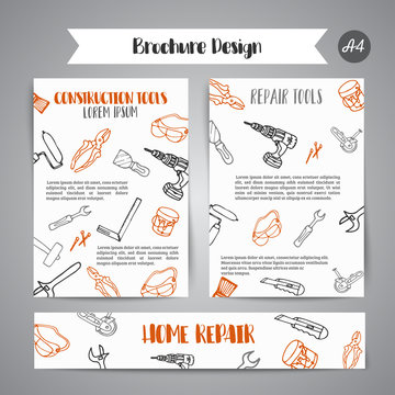 Home improvement construction tools hand drawn brochure. Bussiness banner, advert