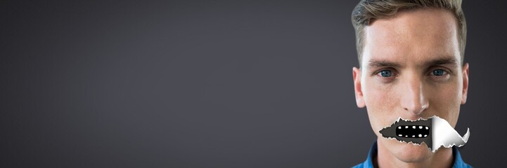 Man with torn paper on mouth and cartoon mouth