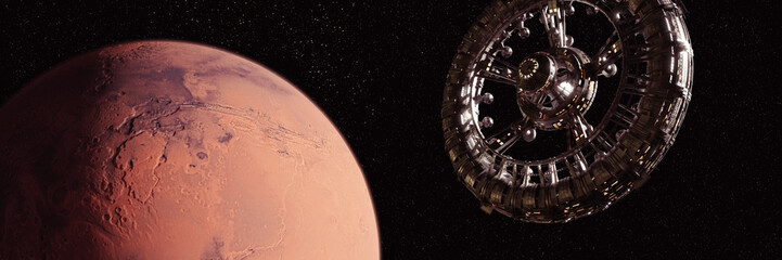 huge space station in orbit of the red planet Mars © dottedyeti