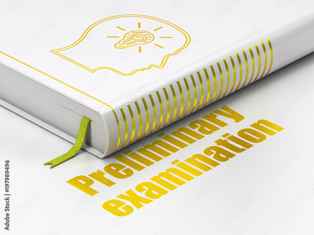 Poster learning concept: closed book with gold head with lightbulb icon and text preliminary examination on