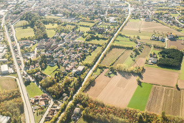 Road in Italy. Top Aerial View. Spring. Fields with Grass.
