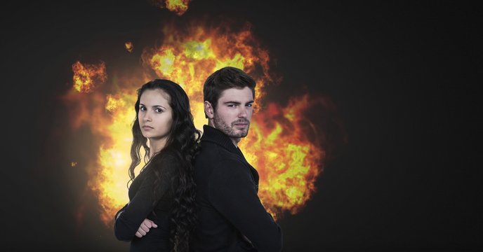 Couple with burning fire flames