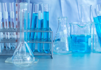 Test tubes closeup, science laboratory research and development concept