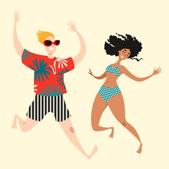 Two funny cartoon characters jumping on the beach in swimming suits and shorts. Young boy and girl dancing at a beach party. Vector illustration