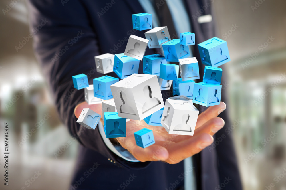 Aufkleber 3d rendering blue and white cube on a futuristic interface