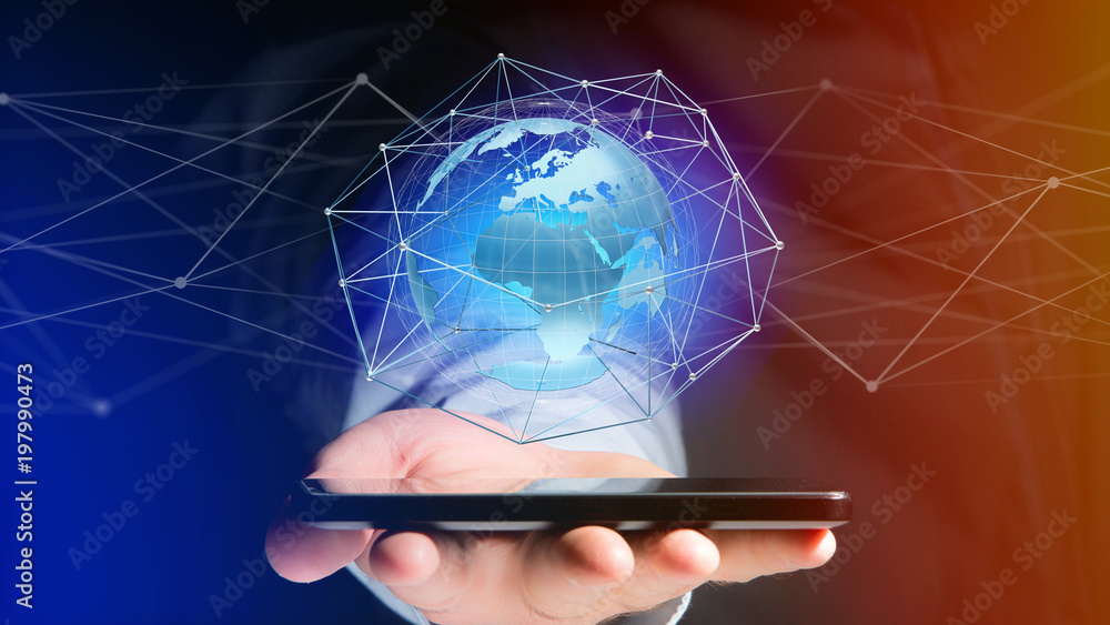 Poster businessman using smartphone with a connected network over a earth globe concept on a futuristic int