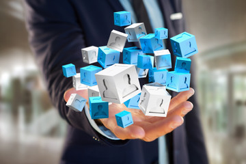 3d rendering blue and white cube on a futuristic interface